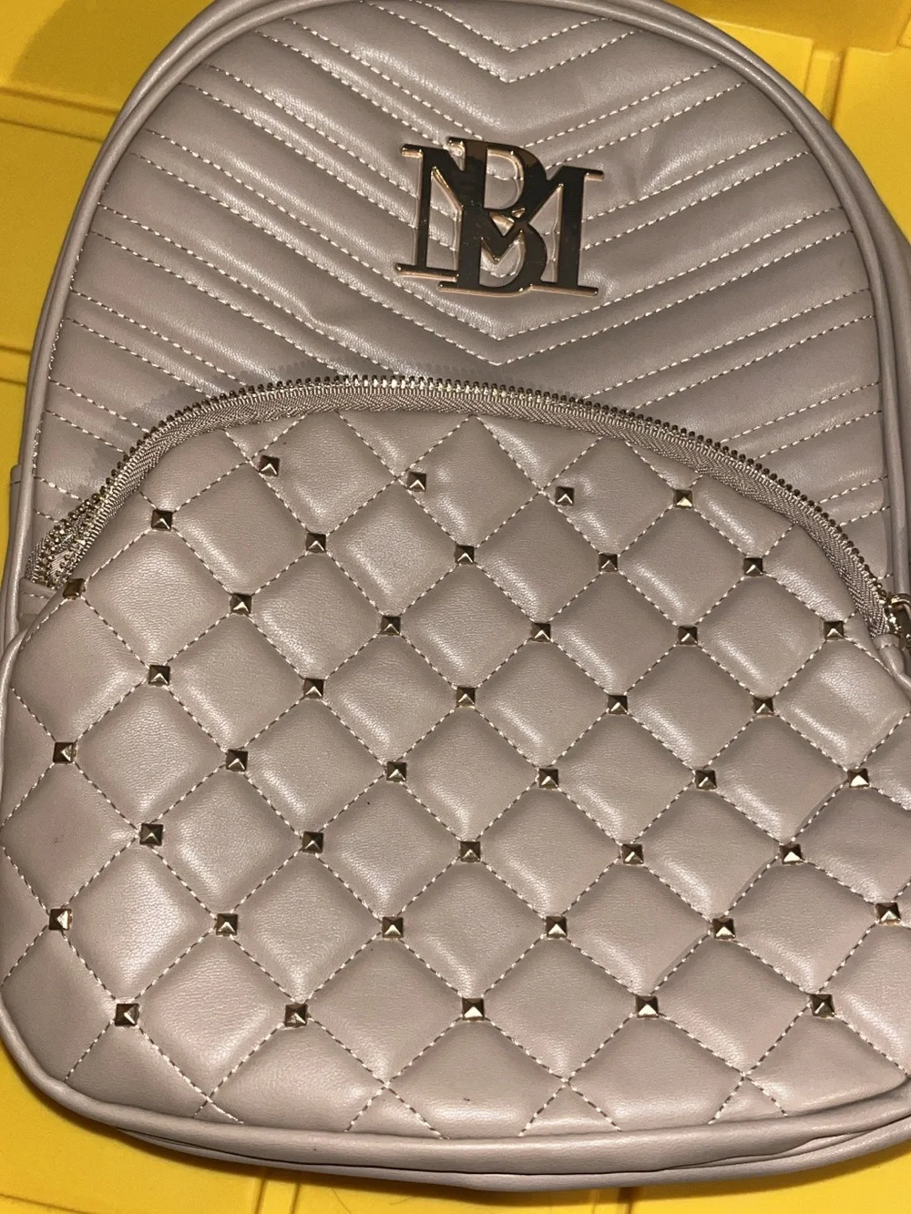 Quilted Stud Accent Metallic Beig Backpack - Unbranded